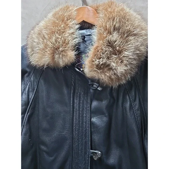 Vintage Y2K LNR Black Leather‎ Fur Collar Zip Front Jacket Size Medium